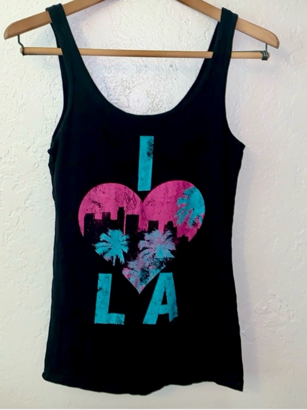 Vintage I Love LA Tank Top Heart Palm Tree Graphic Scoop Neck Fitted Black Small